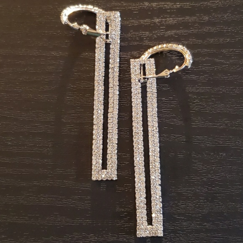 Long Rhinestone Silver Rectangle Dangle Earrings - Picture 5 of 7